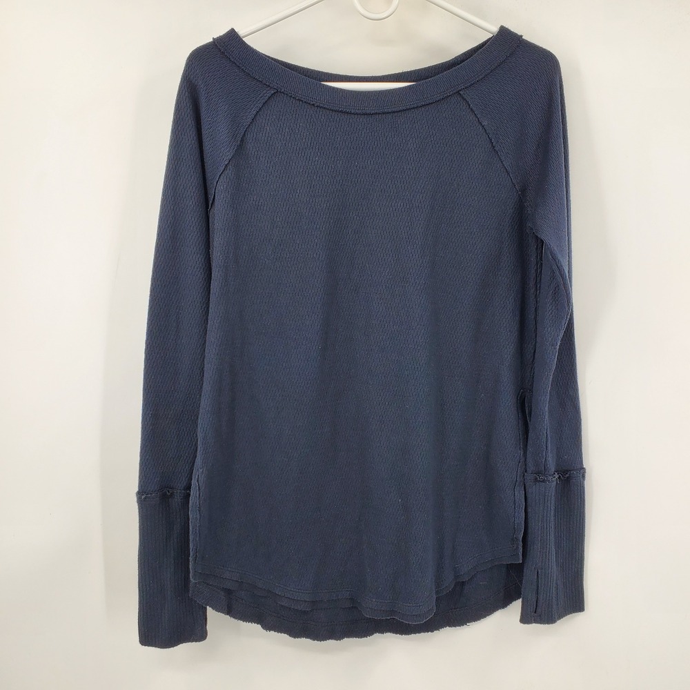 We The Free Free People Black Waffle Knit Thermal Top Thumbholes Small Boho Fall